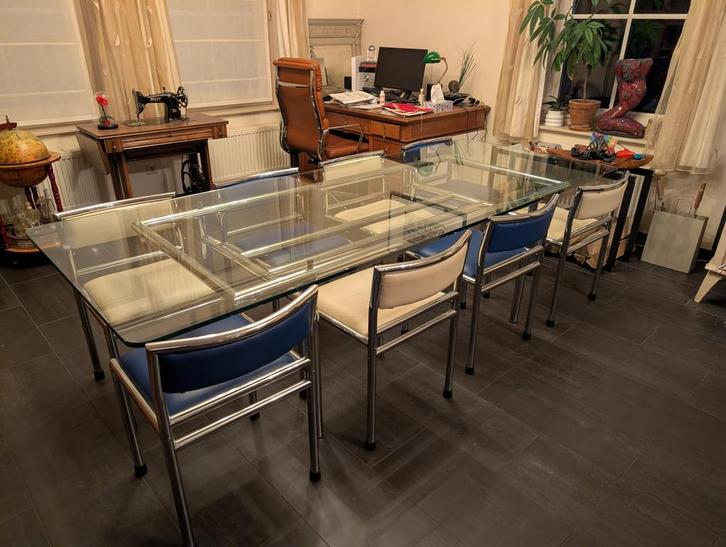 Glazen eettafel met 8 stoelen, Maison & Meubles, Tables | Tables à manger, Utilisé, 50 à 100 cm, 200 cm ou plus, Cinq personnes ou plus