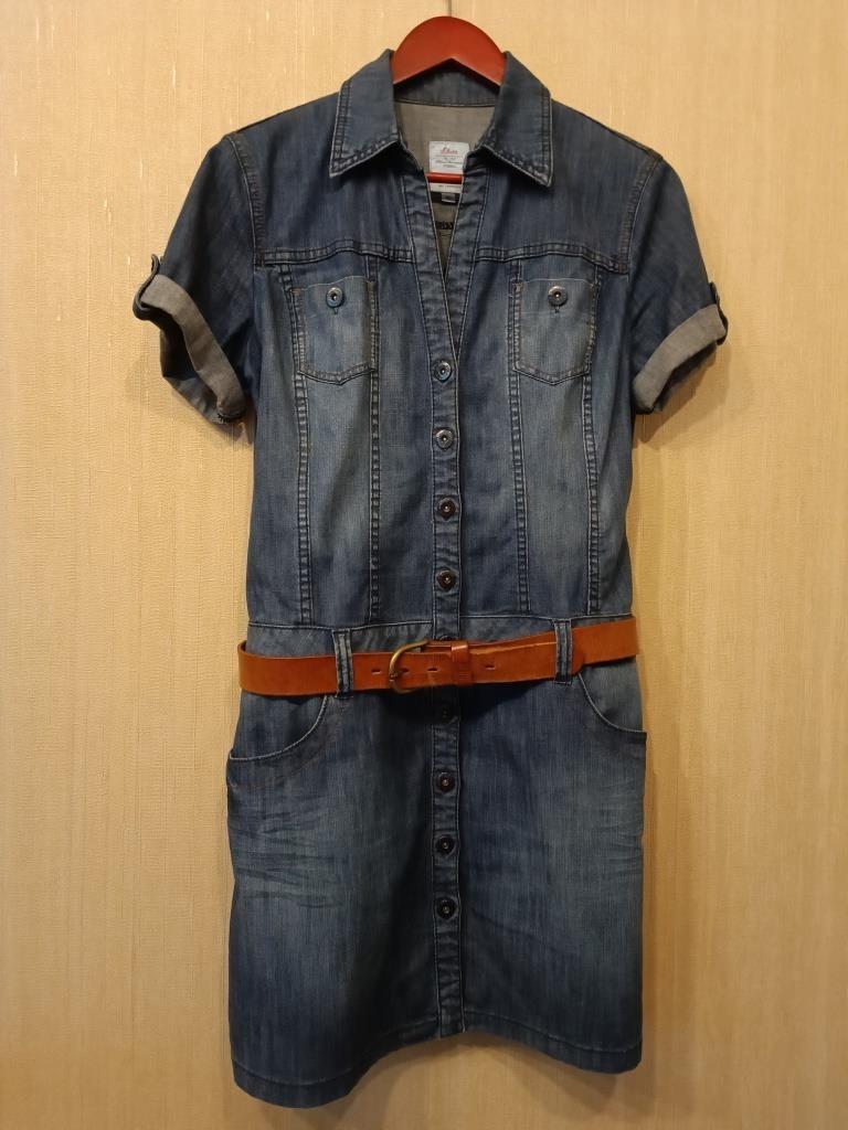 S.OLIVER blauwe spijkerjurk met korte mouwen en RIFLE-riem, Ophalen, Gedragen, Blauw, Boven de knie