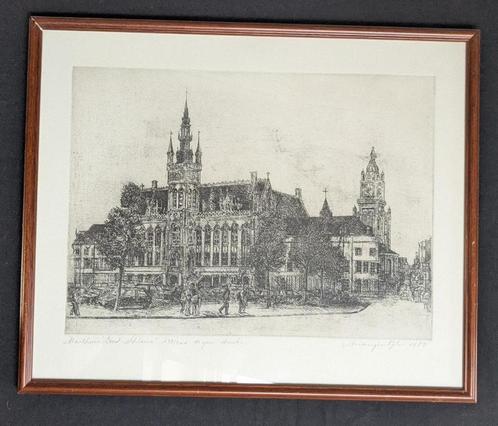 marijke Pijl - ets - stadhuis Sint-Niklaas - ingekaderd, Antiek en Kunst, Kunst | Etsen en Gravures, Ophalen of Verzenden