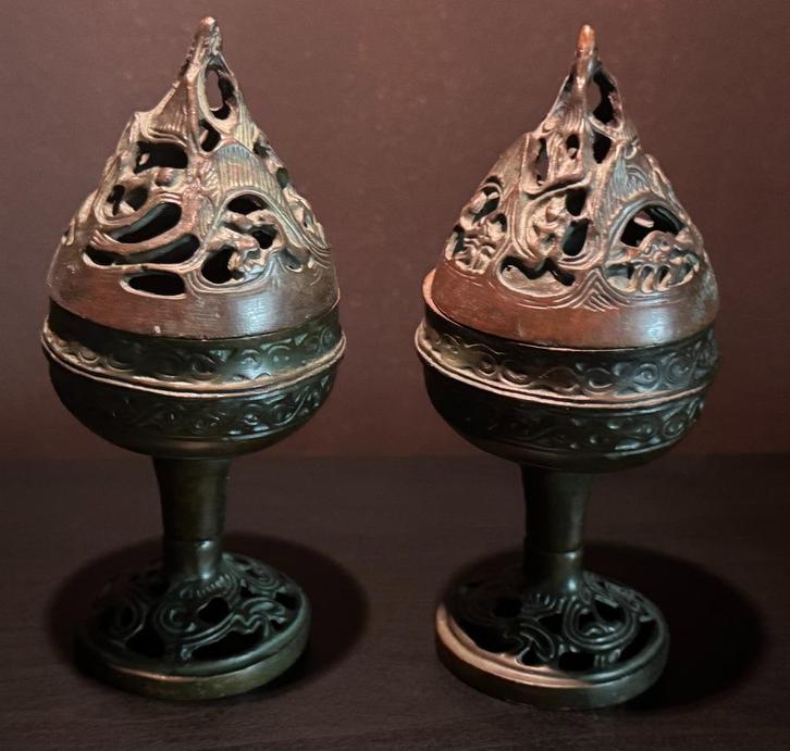 Paar antieke bronzen wierookbranders - China, Antiek en Kunst, Kunst | Niet-Westerse kunst, Ophalen of Verzenden