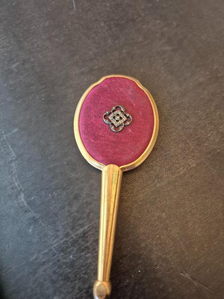 Handspiegel brocant - metaal met stof - uniek, Antiek en Kunst, Curiosa en Brocante, Ophalen of Verzenden