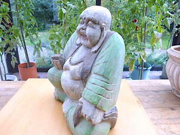 Lachende Maitreya Buddha beeld in hout / 34 x 30 cm beschikbaar voor biedingen