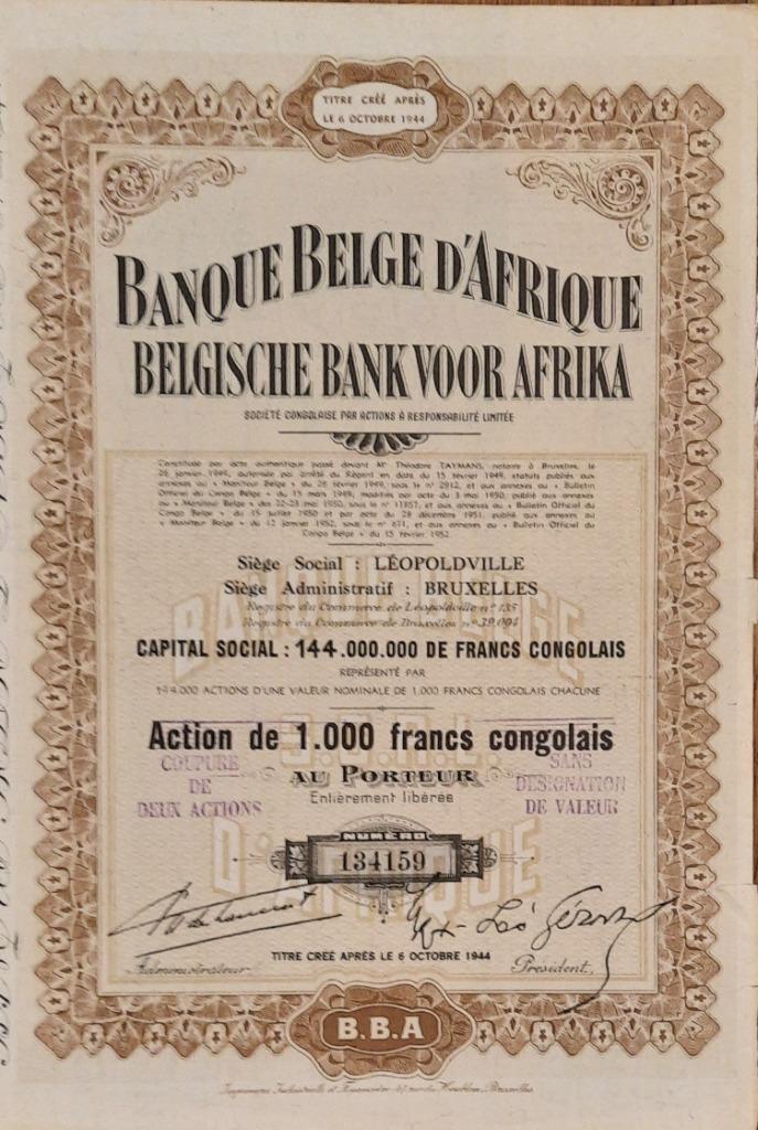 Banque Belge d'Afrique - Léopoldville - 1952 - action 1000 f, Postzegels en Munten, Aandelen en Waardepapieren, Aandeel, 1950 tot 1970