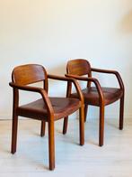 Vintage Deense stoelen jaren 60 teak met leer, Huis en Inrichting, Ophalen, Gebruikt, Twee, Bruin