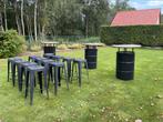 Industriële bar-tafels met houten blad  en barkrukken, Ophalen, Gebruikt, Metaal, Stapelbaar