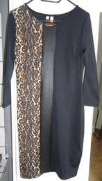 Zwart kleed met leder en panterprint 36/38, Noir, Enlèvement ou Envoi