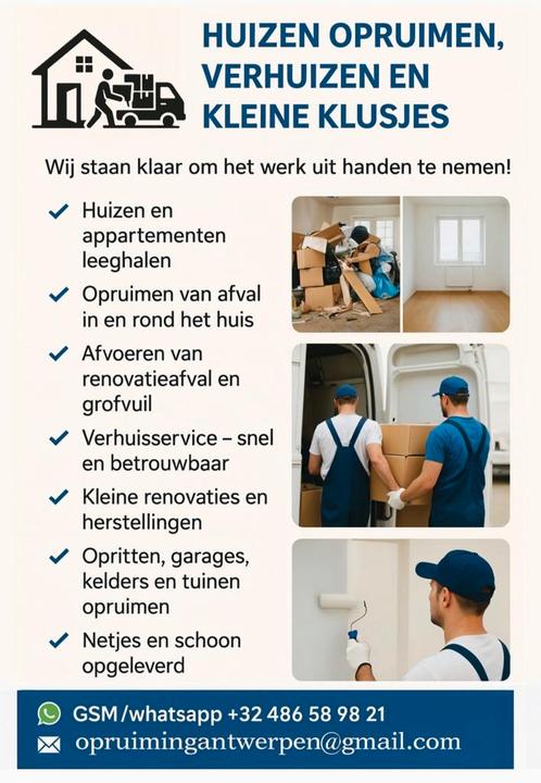 Huizen opruimen, verhuizen en kleine klusjes, Diensten en Vakmensen, Aannemers