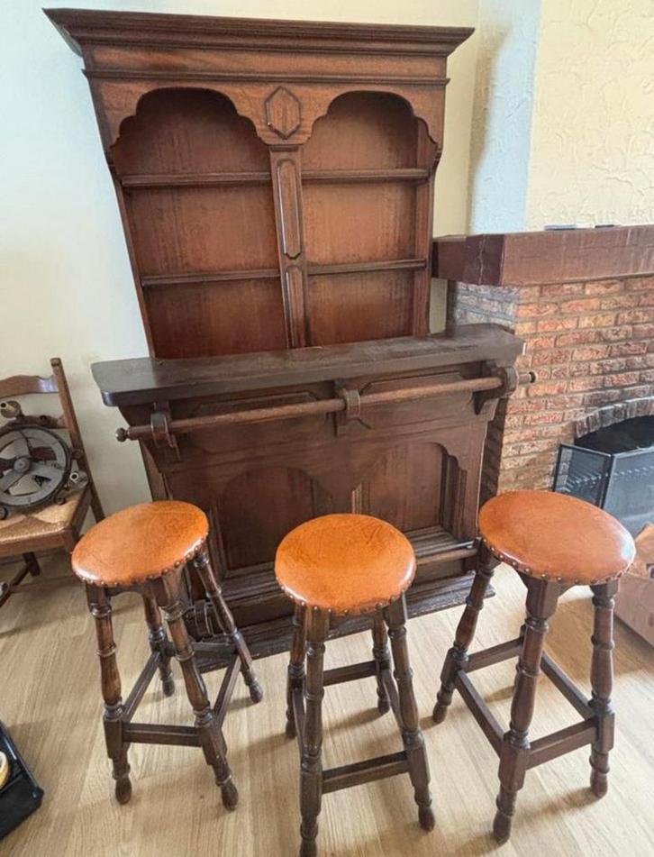 Vintage bar / toog met 3 krukken, Huis en Inrichting, Barren, Zo goed als nieuw, Ophalen