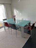 Design eettafel met stoelen, Huis en Inrichting, Tafels | Eettafels, Ophalen, Gebruikt, 200 cm of meer, Glas