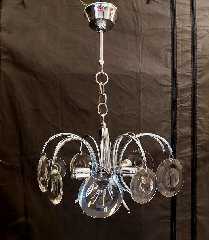 Vintage! Lustre "Oscar Torlasco", Italie 1970, Huis en Inrichting, Lampen | Kroonluchters, Gebruikt, Glas, Metaal, Ophalen