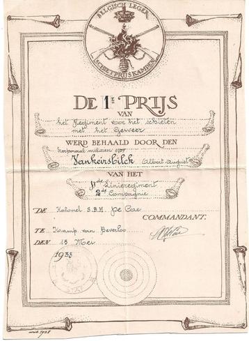 Belgisch leger - oorkonde schietprijs - 1938