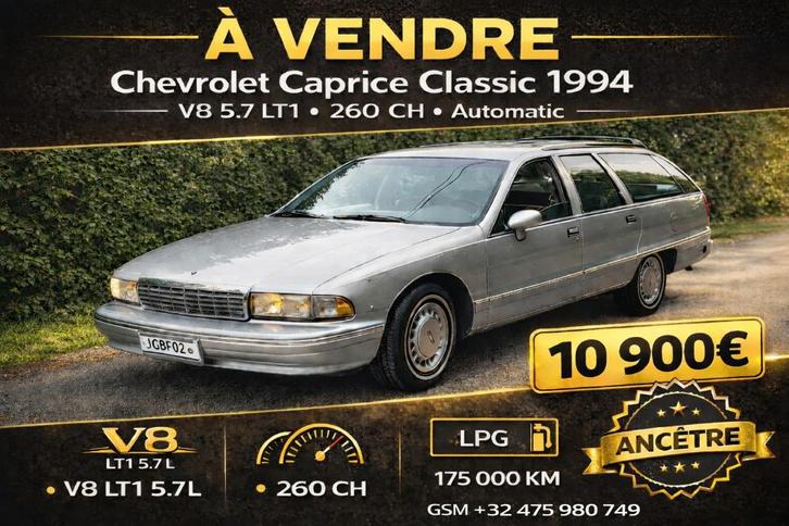 CHEVROLET CAPRICE CLASSIC 1994 V8 5.7 LT1, Autos, Chevrolet, Particulier, Caprice, ABS, LPG, Break, 5 portes, Automatique, Argent ou Gris