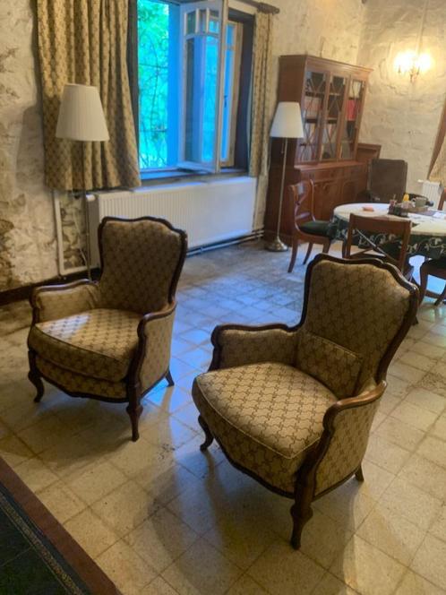 Duo van kleine vintage fauteuils, Huis en Inrichting, Fauteuils, Gebruikt, Hout, Stof, 50 tot 75 cm, 75 tot 100 cm, Ophalen