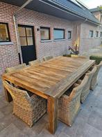 Houten tuintafel met 10 rotanstoelen met zwarte zitkussens, Tuin en Terras, Ophalen, Gebruikt, Rechthoekig, Teakhout