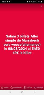 3 Billets Marrakech/Weeze Aller 08/03 à 15h50, Vacances