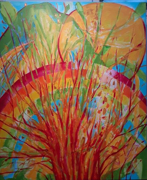 "Aan de andere kant van de heuvel" - Mara-leen, Antiek en Kunst, Kunst | Schilderijen | Modern, Ophalen of Verzenden