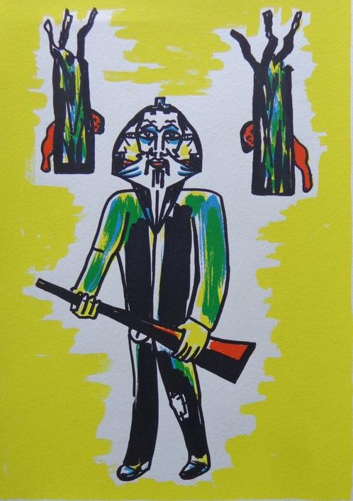 FRED BERVOETS / FRED ALS JAGER / KLEURZEEFDRUK / 29x20cm SIG, Antiek en Kunst, Kunst | Litho's en Zeefdrukken, Ophalen of Verzenden
