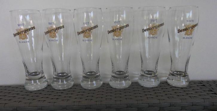 Zeldzame 6 witte glazen „DENTERGEMS”, Verzamelen, Glas en Drinkglazen, Zo goed als nieuw, Bierglas, Ophalen of Verzenden