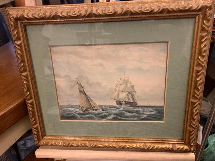 Oude aquarel - twee zeilschepen op zee, Antiek en Kunst, Kunst | Schilderijen | Klassiek, Ophalen