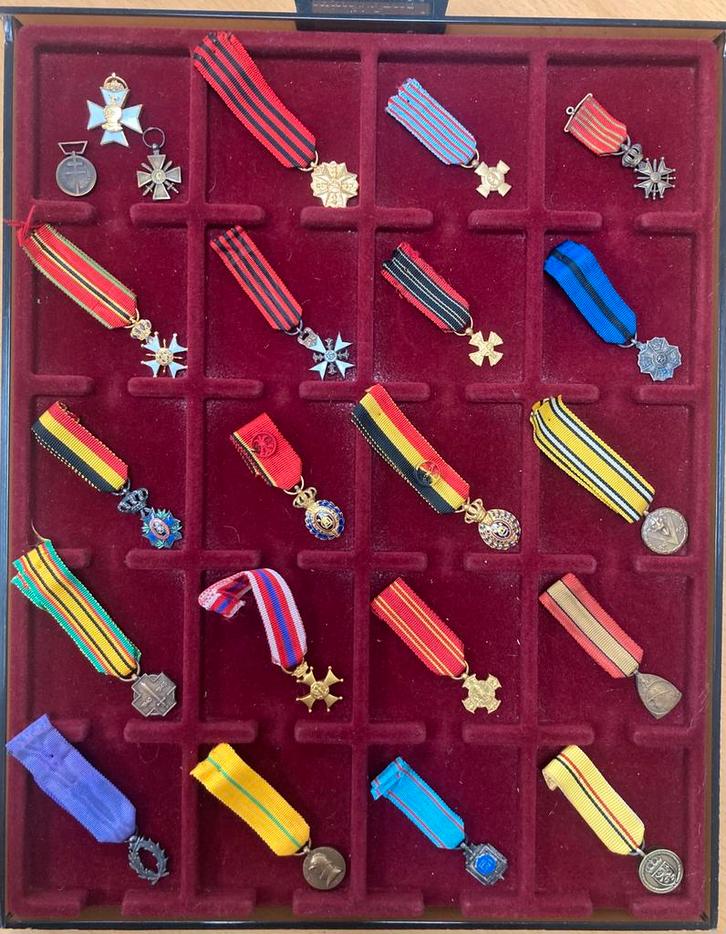 22 miniatuur eretekens in verzamelbox, Verzamelen, Militaria | Algemeen, Overige soorten, Lintje, Medaille of Wings, Ophalen of Verzenden