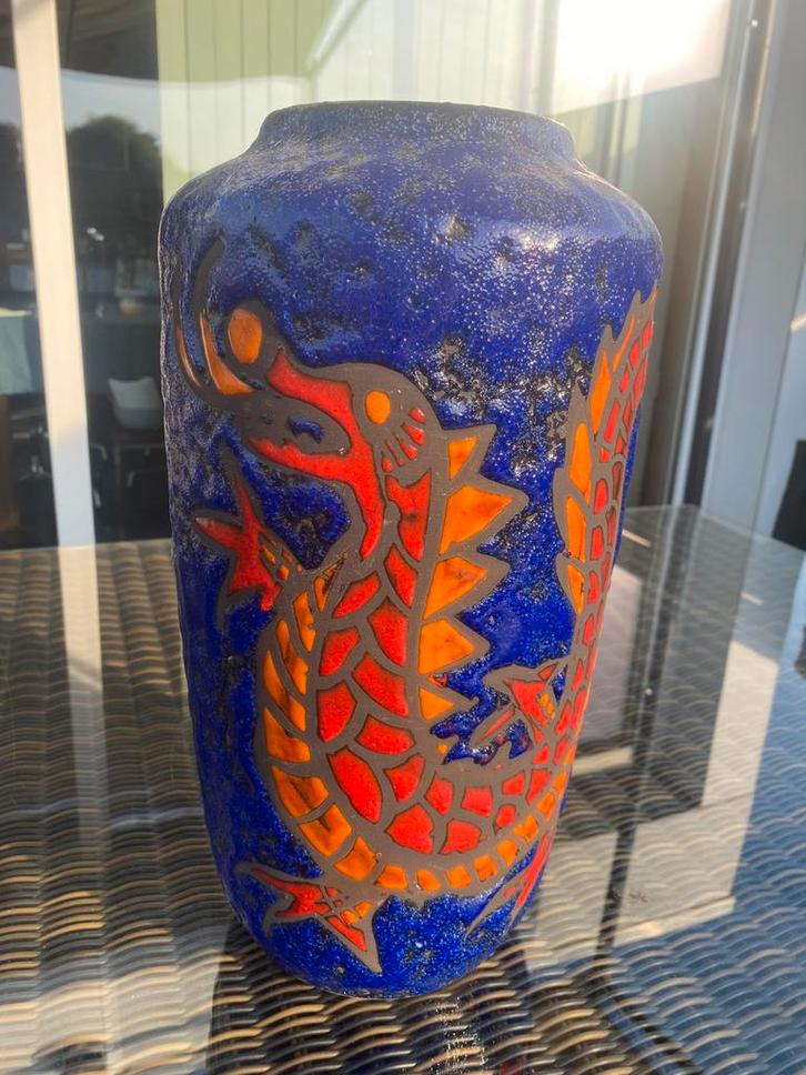 Vintage Vaas met Drakenmotief Blauw/Oranje Scheurich vaas., Antiquités & Art, Antiquités | Céramique & Poterie, Enlèvement ou Envoi