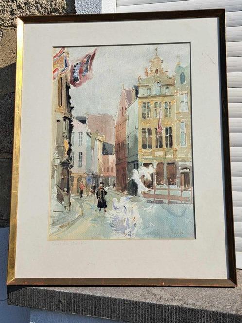 aquarelle bruxelles grand place signe, Antiek en Kunst, Kunst | Schilderijen | Klassiek, Ophalen of Verzenden