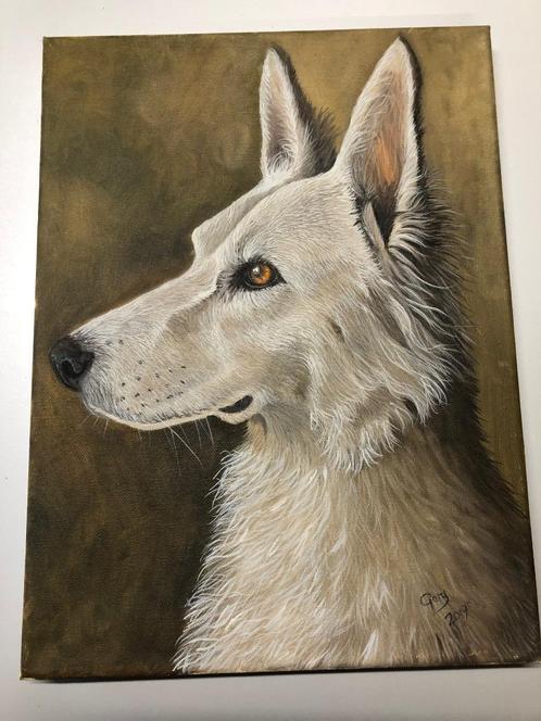 Schilderij Gary Wakeham - Young White German Shepherd, Huis en Inrichting, Woonaccessoires | Schilderijen, Tekeningen en Foto's