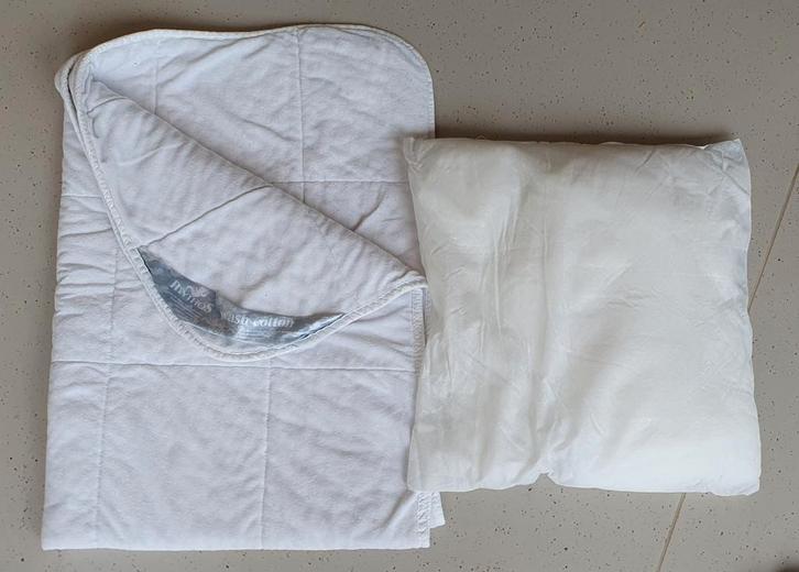 Set beddengoed peuterbedje, dons, overtrek, lakens, Kinderen en Baby's, Kinderkamer | Beddengoed, Gebruikt, Kussen, Blauw, Ophalen of Verzenden