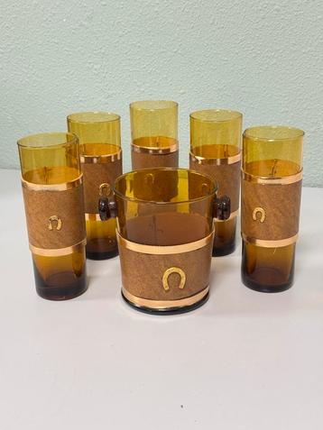 Antiek 1950 5 wisky glazen + ijsemmer amber leder hoefijzer beschikbaar voor biedingen