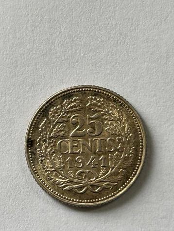 25 cents Wilhelmina Nederland 1941 / zilver beschikbaar voor biedingen
