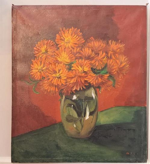 Oliedoek helderoranje Chrysanthemum Certi Jaren '50, Antiek en Kunst, Kunst | Schilderijen | Modern, Ophalen of Verzenden