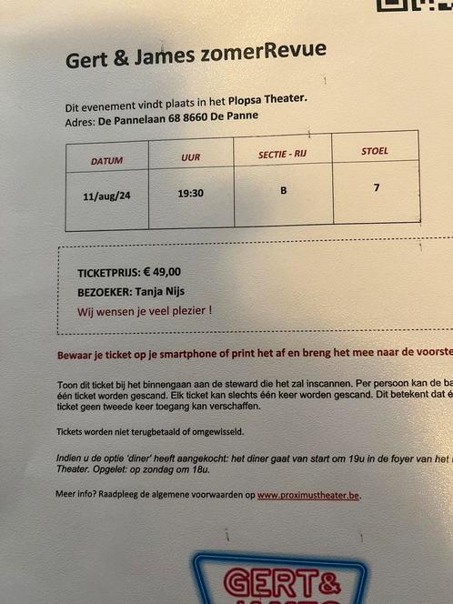 1 ticket Gert en James Zomerrevue Plopsa Theater Plopsaland,, Tickets en Kaartjes, Theater | Musical, Eén persoon, Augustus
