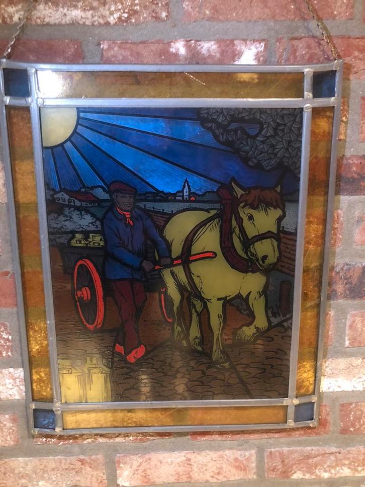Handgemaakt glas-in-lood-paneel, voerman met paard en kar, Doe-het-zelf en Bouw, Glas en Ramen, Zo goed als nieuw, Minder dan 80 cm