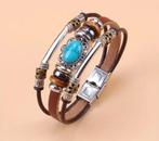 Armband Koffie Bruin Vintage groen turkoois kralen (Nieuw), Ophalen of Verzenden, Nieuw, Bruin, Leer