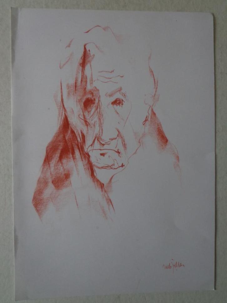 tekening in rood krijt Rudi Pillen Oude vrouw, Antiek en Kunst, Kunst | Tekeningen en Fotografie, Ophalen of Verzenden