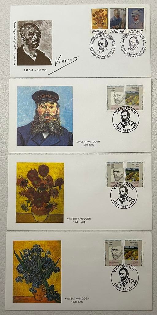 4 eerstedagenveloppen Vincent van Gogh 1990, Timbres & Monnaies, Timbres | Enveloppes premier jour, Enlèvement