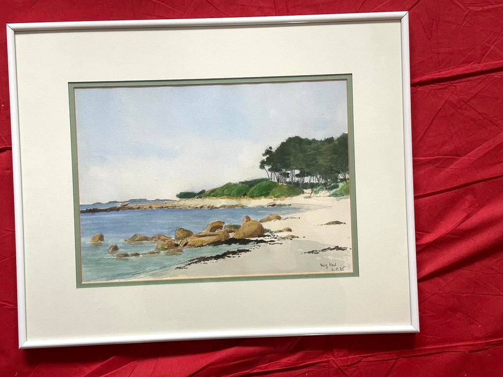 Aquarelle originale signée B. Heil – 1985 – Paysage côtier, Ophalen