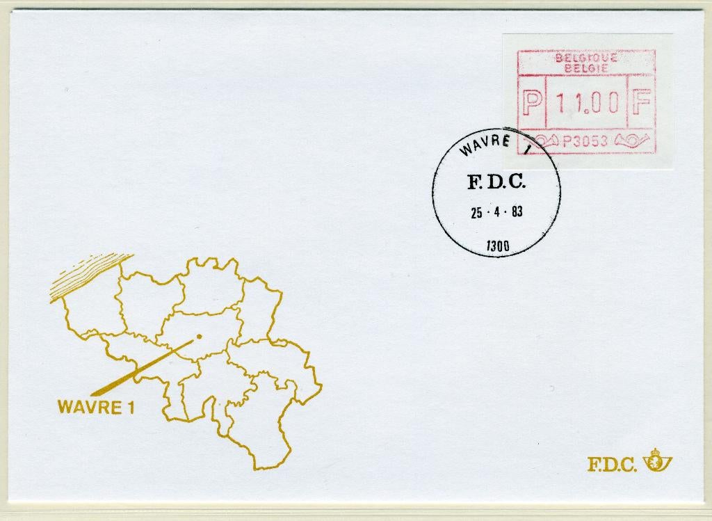(B) ATM53 FDC Envelop 1983 - Wavre 1 (P3053), Met envelop, Ophalen of Verzenden, Gestempeld, 1e dag stempel