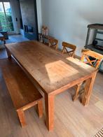 Prachtige massieve teakhouten eettafel met bank en stoelen, Ophalen, Zo goed als nieuw