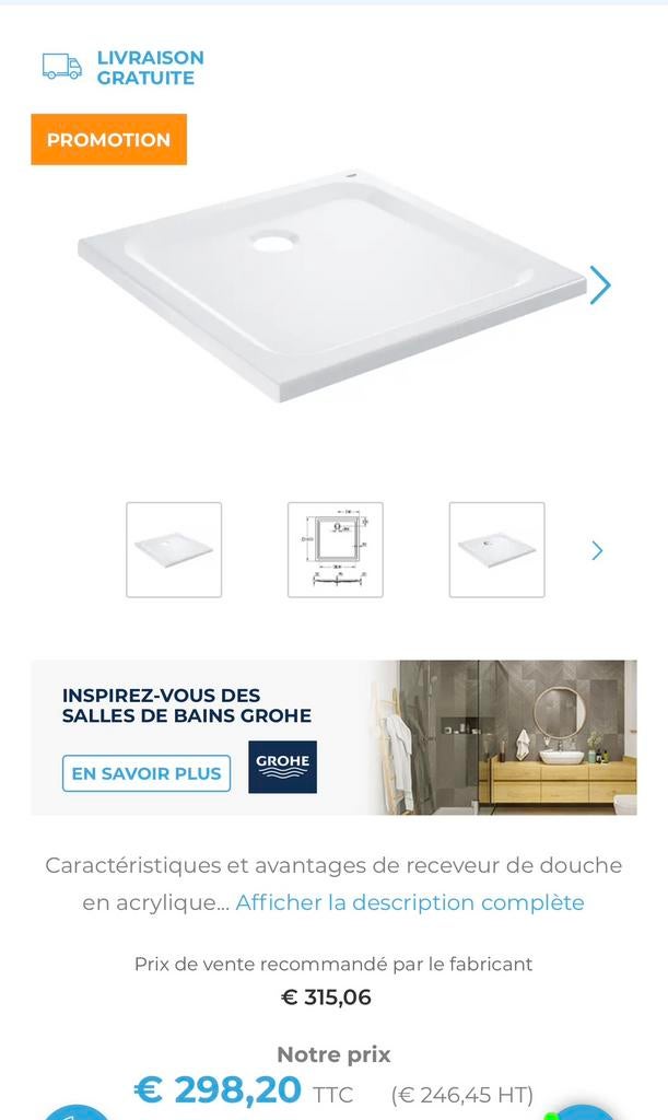 Receveur de douche GROHE 100x100x3,5 BLANC, Maison & Meubles, Salle de bain | Salle de bain complète, Neuf, Enlèvement