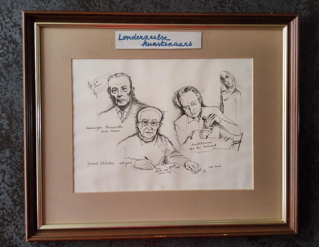 Tekening Londerzeelse kunstenaars door Hilde Donies, Minder dan 50 cm, Ophalen of Verzenden, Zo goed als nieuw, Minder dan 50 cm