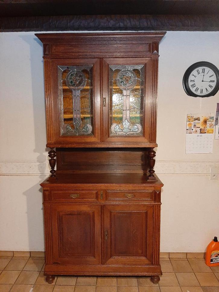 Antieke kast met glas in lood deuren., Antiquités & Art, Antiquités | Meubles | Armoires, Enlèvement