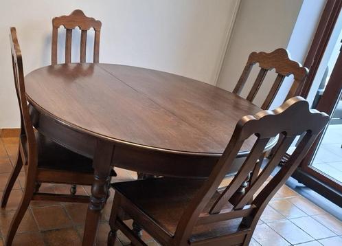 Table, 4 chaises et 3 allonges de salle à manger en chêne, Maison & Meubles, Tables | Tables à manger, Utilisé, 200 cm ou plus