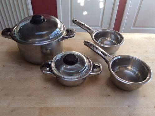 Te koop 2 kookpotten + 2 steelpotten, Huis en Inrichting, Keuken | Potten en Pannen, Zo goed als nieuw, Pot, Bus of Blik, Inox