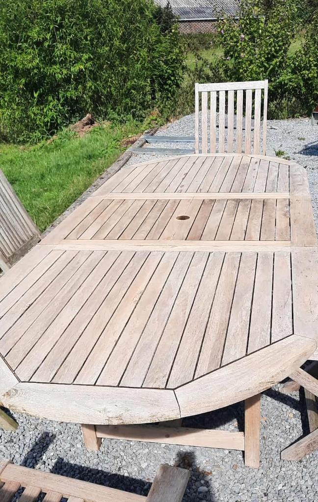 Teakhouten tuintafel van 240 cm en 6 stoelen, Tuin en Terras, Tuinsets en Loungesets, Gebruikt, Loungeset, Eettafel, Stoel, Ophalen