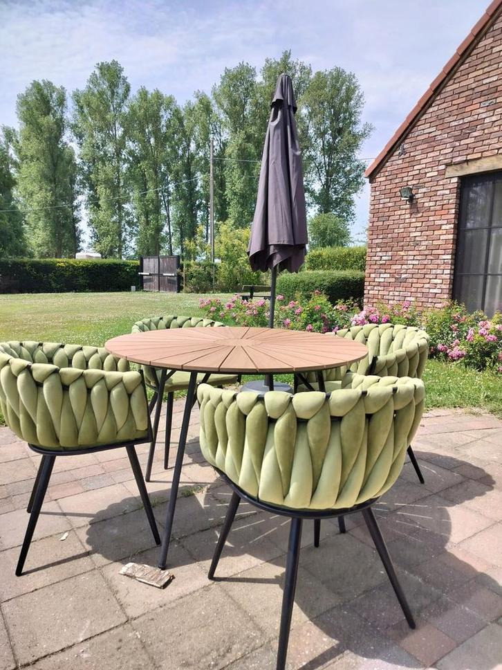 6x Olijfgroene velvet eetkamerstoelen Pole-to-Pole, Maison & Meubles, Chaises, Utilisé, Cinq, Six Chaises ou plus, Tissus, Autres couleurs