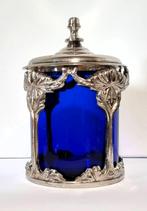 Blauw glazen pot met zwaar verzilverde monturen., Antiek en Kunst, Ophalen of Verzenden