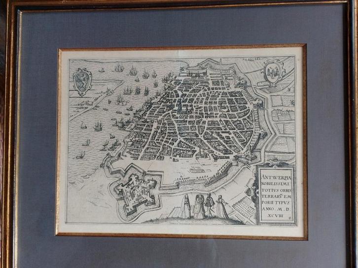 Kaart Antwerpen  Braun & Hogenberg  1598, Antiek en Kunst, Kunst | Etsen en Gravures, Verzenden