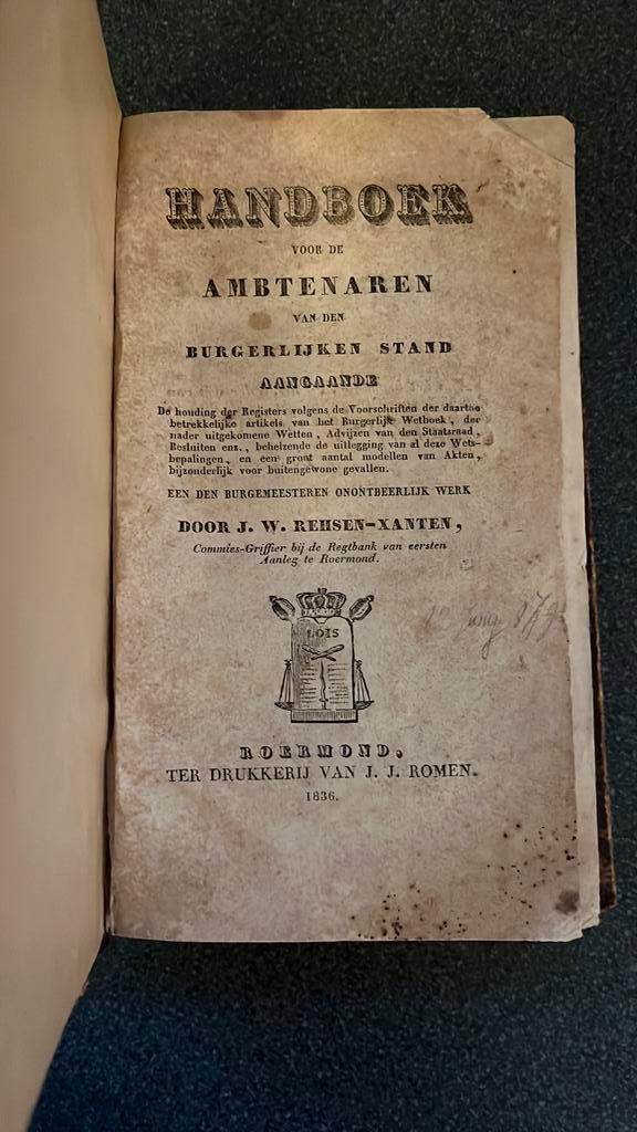 Uniek Antiek Handboek Burgerlijke Stand (1836) – Roermond, Antiek en Kunst, Antiek | Boeken en Manuscripten, Ophalen