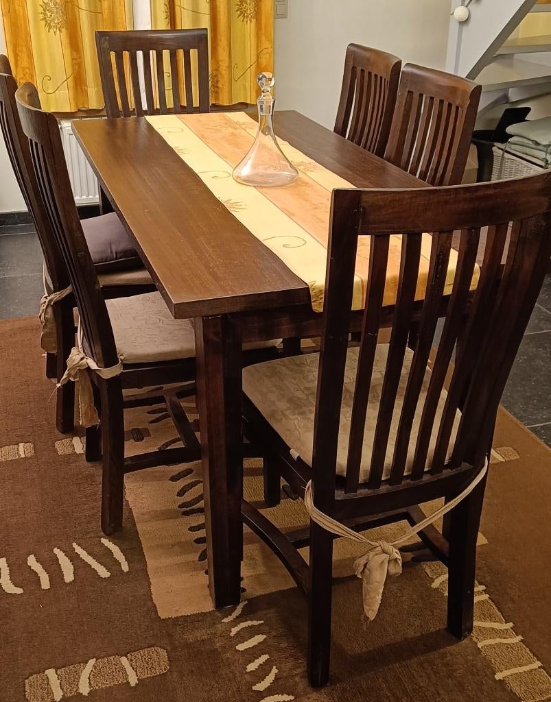 Table salle à manger 165 cm + 6 chaises en bois - Bon état, Maison & Meubles, Salles à manger complètes, Utilisé, 4 à 6 chaises